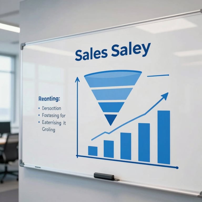 A modern office whiteboard showing a sales funnel and growth projections drawn in professional blue tones.