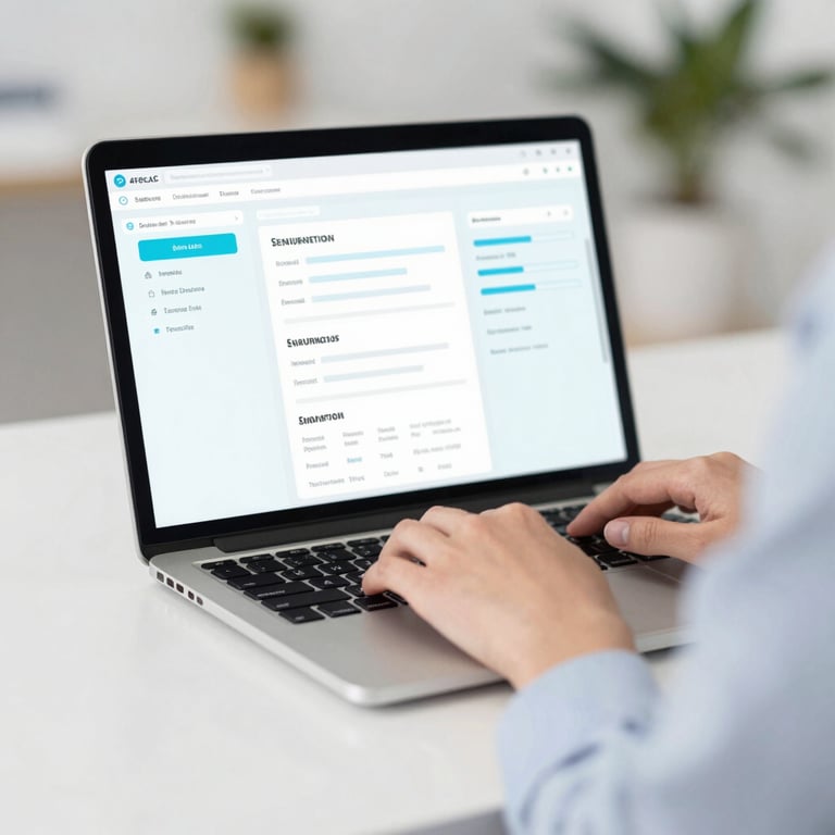 A consultant working on a laptop with a professional dashboard visible, clean and modern style using #F8FAFC tones.