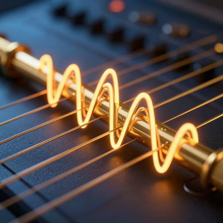 Macro close-up of gold veena strings vibrating with neon saffron soundwaves, dark ambient background, futuristic digital radio aesthetic, 3d render, 35mm