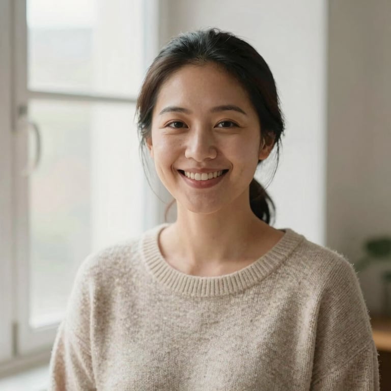 Warm, unposed portrait of a smiling female caregiver in a soft knit sweater, natural window lighting, friendly and trustworthy expression.