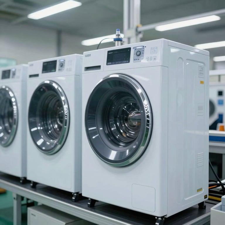 Modern manufacturing line for home appliances in a clean Central European factory setting.