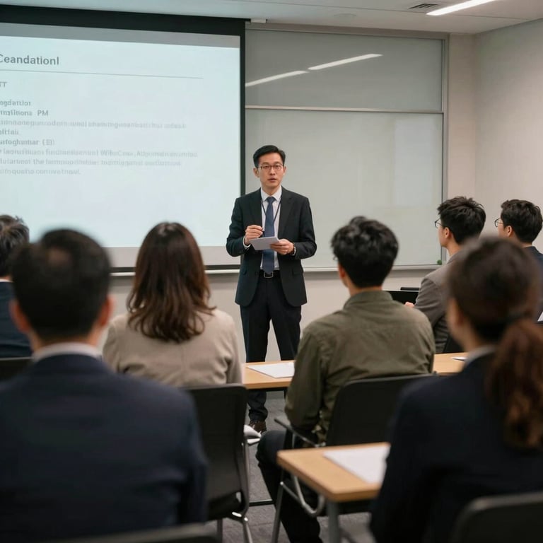 A dynamic educational seminar with professional adults in a glass-walled conference room.