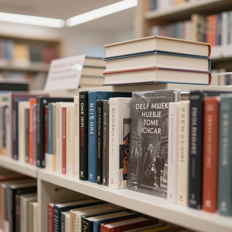 A display of high-quality published books in a bright, modern library or store.