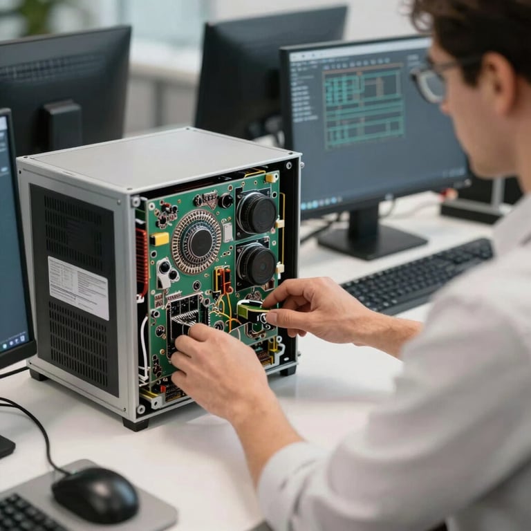 An IT specialist working with high-tech computer hardware in a professional Slovak office.