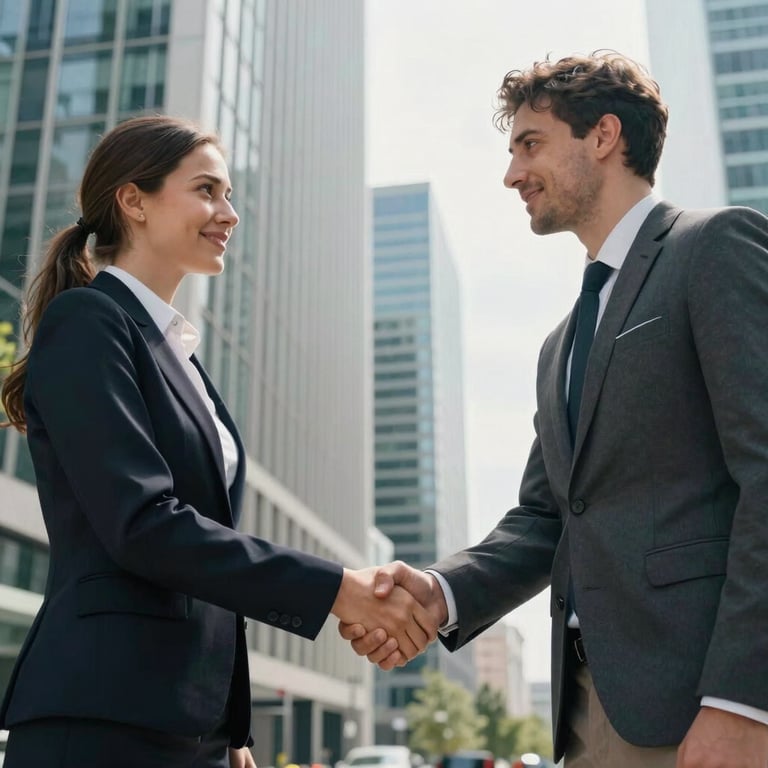 Two business partners in professional attire shaking hands in a modern Bratislava office district.