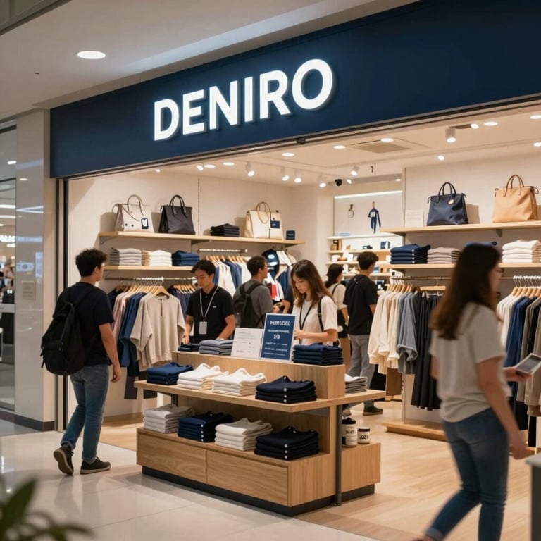 A professional retail space showing diverse consumer goods with navy blue branding.