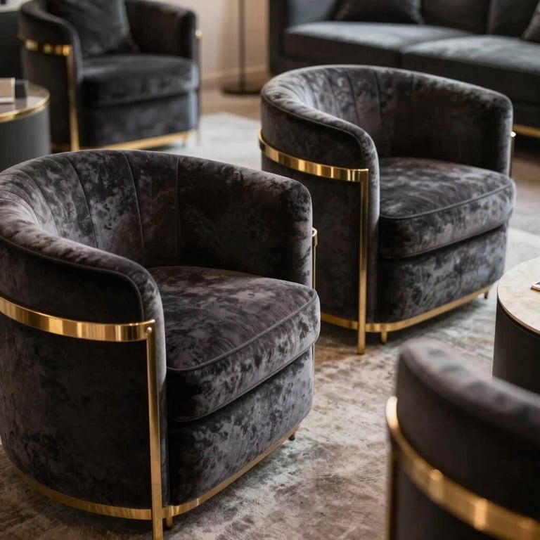 Luxurious lounge setup with dark gray velvet chairs and metallic gold accents.