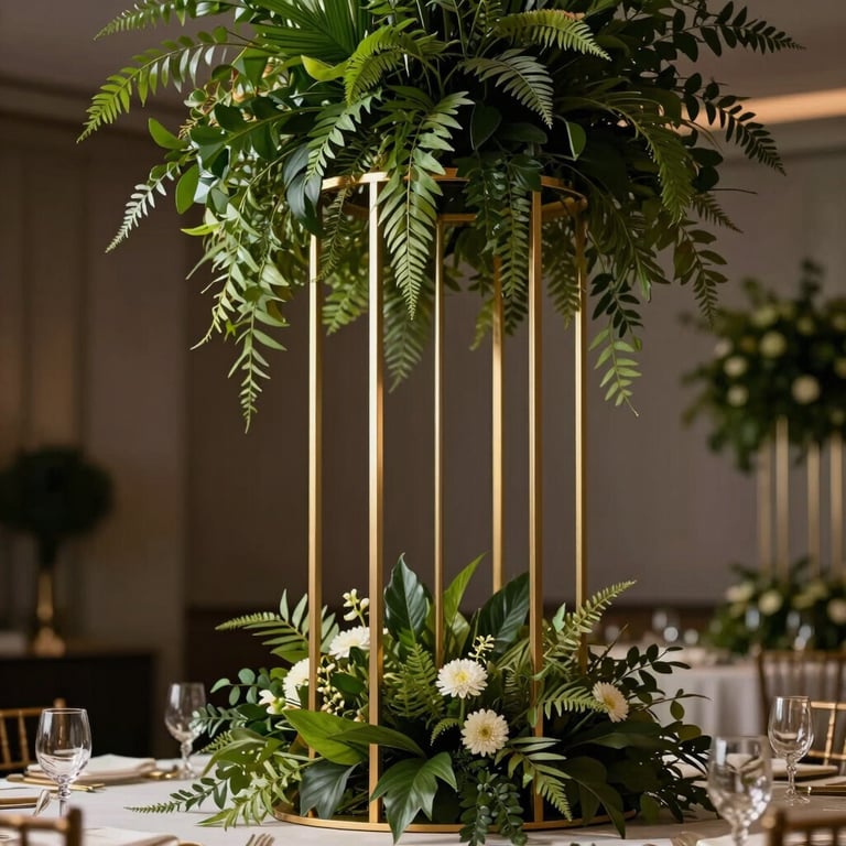 Modern luxury table centerpiece featuring tall gold structures and hanging greenery.