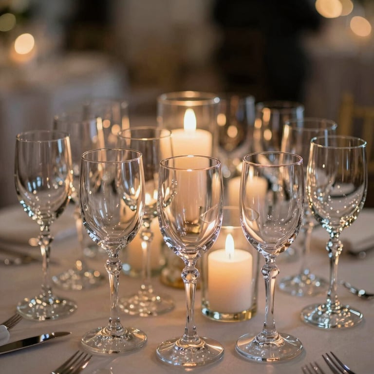 Rows of elegant crystal glassware reflecting warm candlelight in a US event setting.