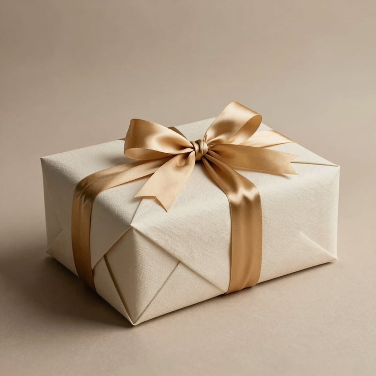 Coffret cadeau élégant enveloppé de papier texturé crème, noué d'un ruban de satin doré délicat, posé sur un fond crème épuré, éclairage doux et chaleureux.