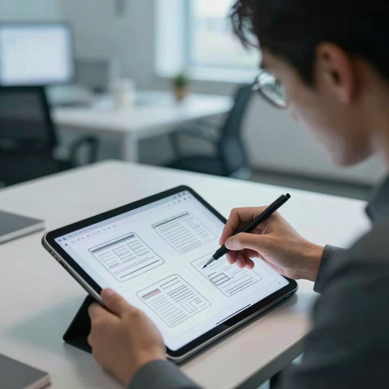 A professional in a modern US office environment sketching a website wireframe on a digital tablet, light blue ambient lighting.