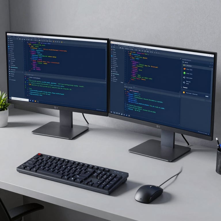 A sleek workstation in a home office in North America, showing complex software code on dual monitors, slate blue color palette.