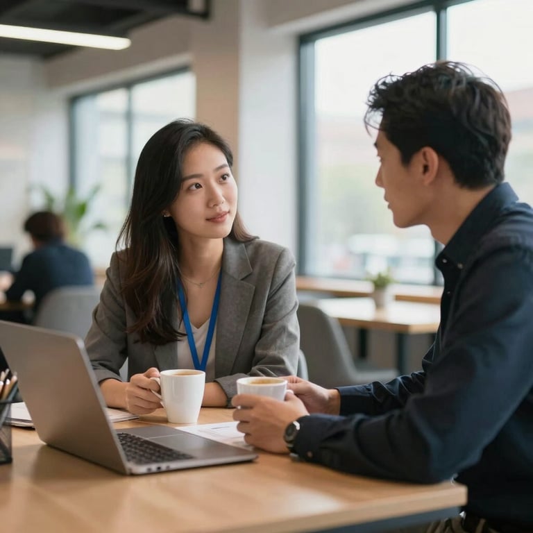 Candid shot of two colleagues in a modern US co-working space discussing a digital marketing strategy over coffee, bright natural light.