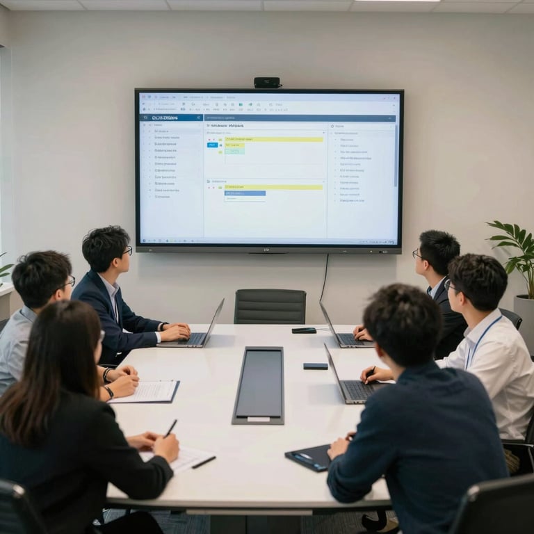 A high-angle shot of a North American tech team in a bright conference room with off-white walls, using a large touch screen for project planning.