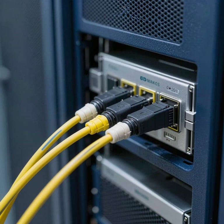 Macro photography of a high-speed fiber optic cable connection in a clean data center with navy blue server racks.