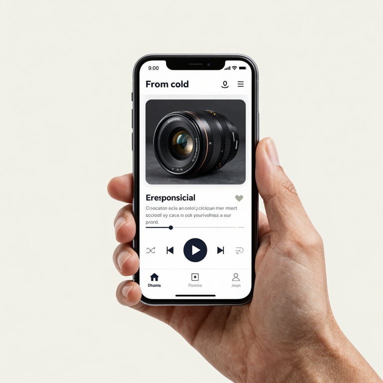 Close-up of a hand using a smartphone to test a responsive mobile application interface, clean modern aesthetic, off-white background.