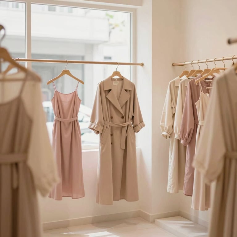 A curated arrangement of new arrival fashion pieces and accessories in a bright, warm-minimalist Ampang boutique setting