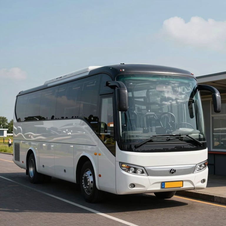 A modern luxury coach bus parked at a scenic Western European / Dutch rest stop, daytime, professional lighting.