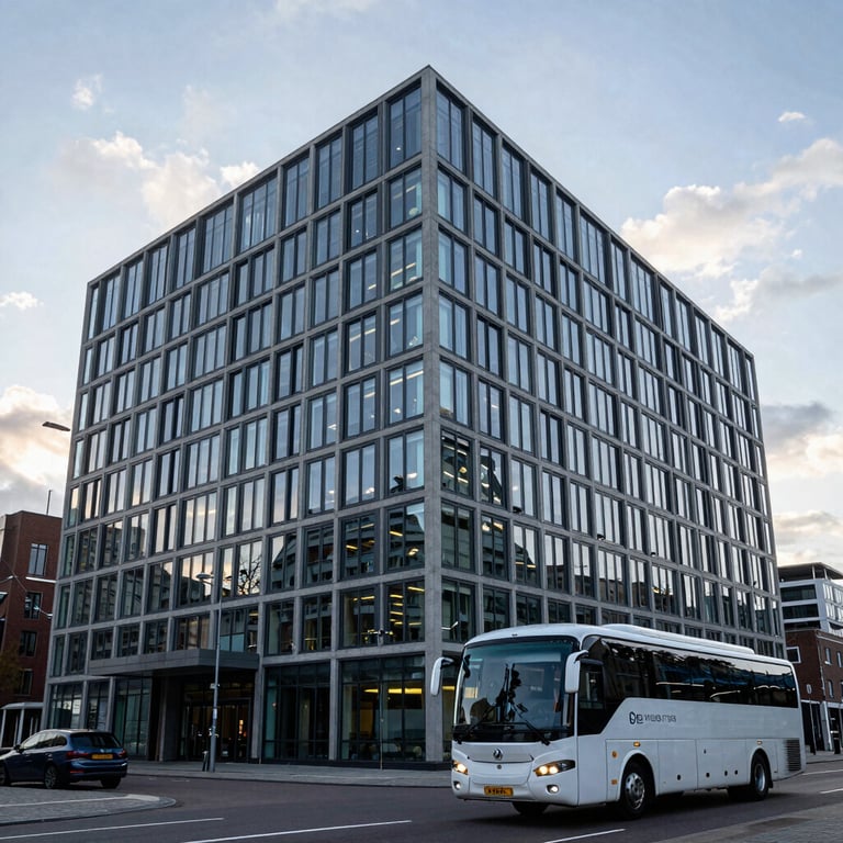 A modern corporate building exterior in the Netherlands with a coach bus driving by, sleek architecture.