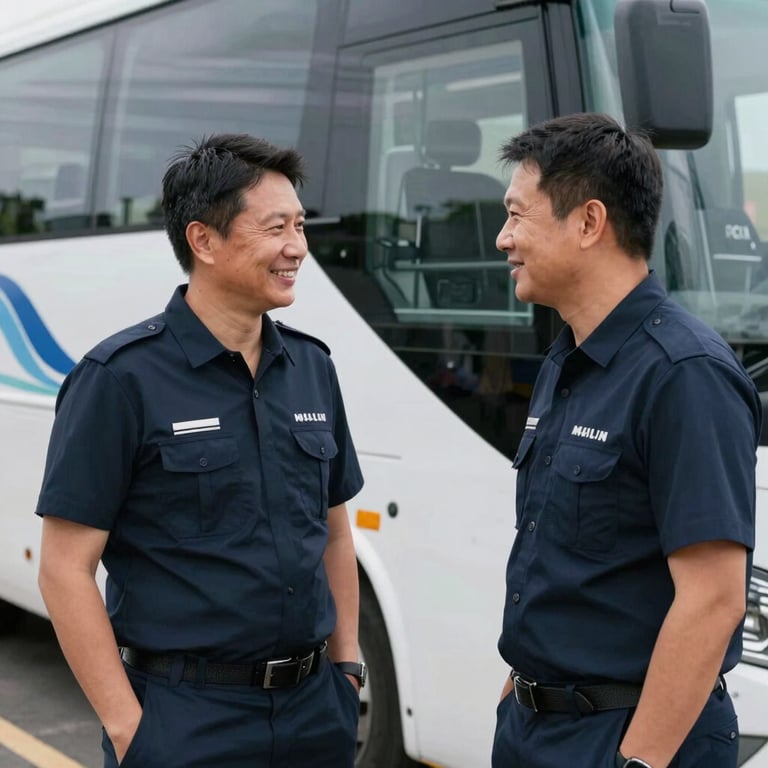 Two professional drivers conversing next to a bus, smiling, wearing neat dark navy uniforms, natural light.