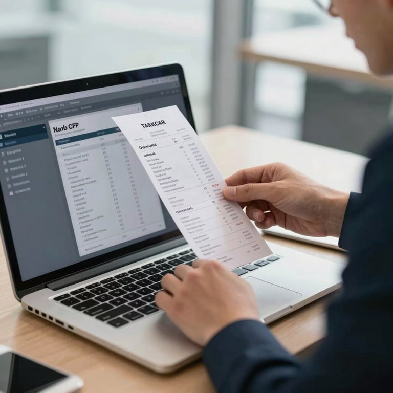 A transport manager reviewing digital receipts on a sleek laptop screen, modern office setting, bright and clear.