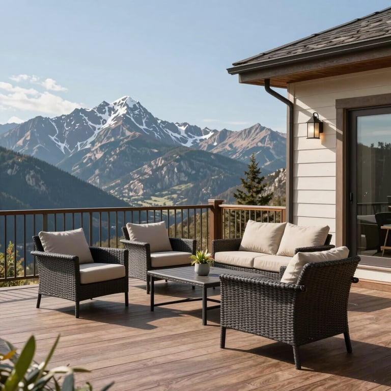 A finished residential deck with a panoramic view of the Rocky Mountains, featuring high-end outdoor furniture.