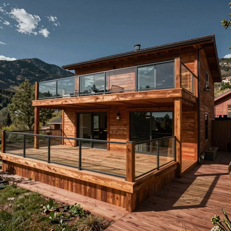 A wide-angle shot of a multi-level cedar deck in a Colorado backyard, featuring warm terracotta wood and modern glass railings.