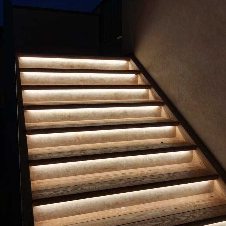 Night photography of a custom deck with integrated soft cream LED lighting along the stairs, showcasing precise craftsmanship.