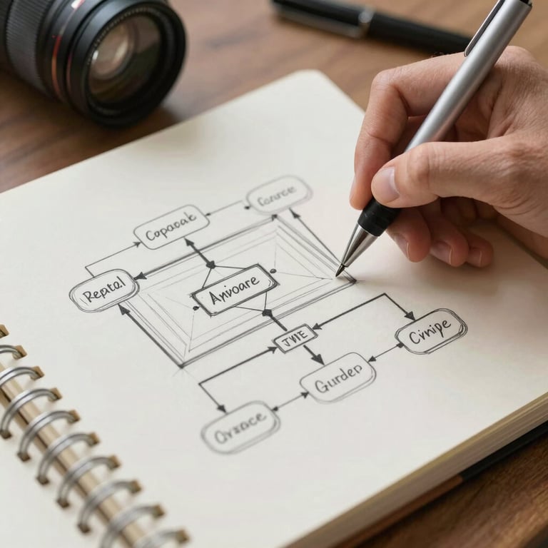 A focused shot of a professional hand sketching a web architecture diagram on a high-quality notepad with a stylus nearby.