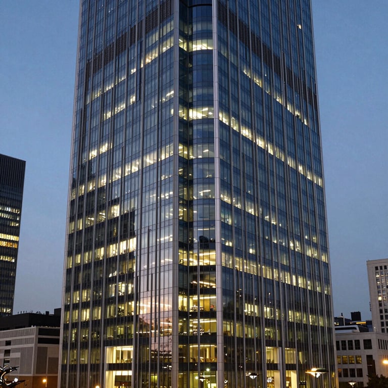 A wide shot of a contemporary architectural skyscraper at twilight, featuring glass facades and glowing interior lights in an international business district.
