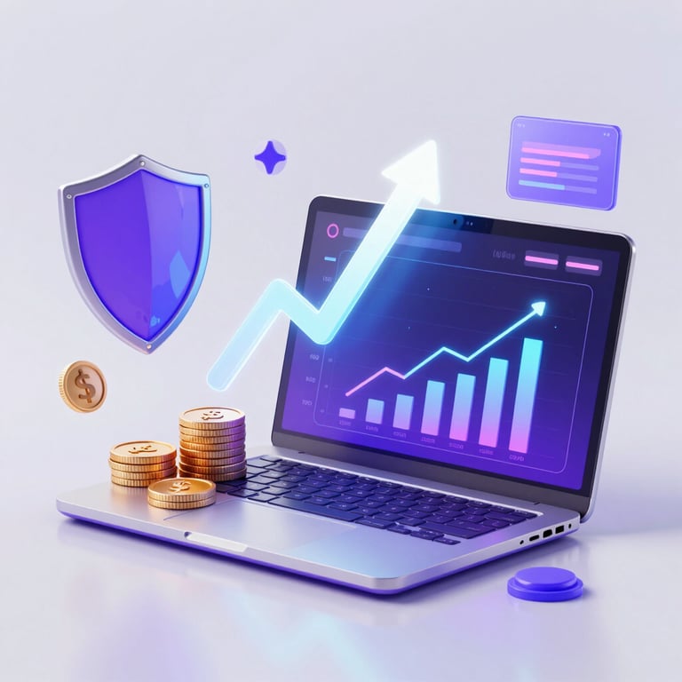 A 3D laptop displaying rising financial growth charts, gold coins, and a security shield for secure investing.