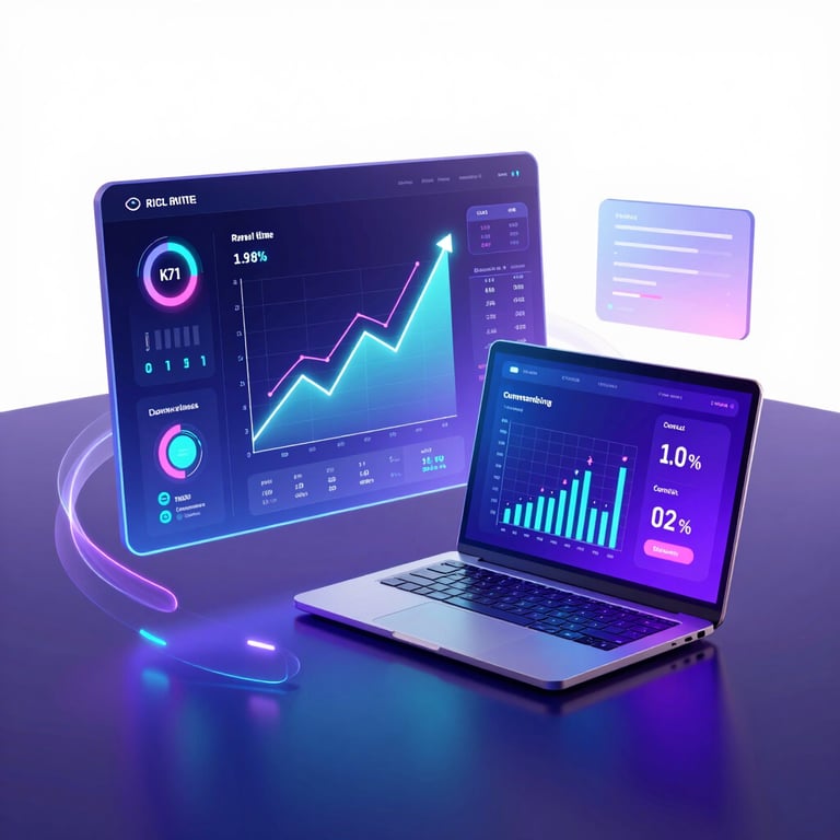 Digital marketing analytics dashboard with growth charts on a laptop screen and holographic interface.