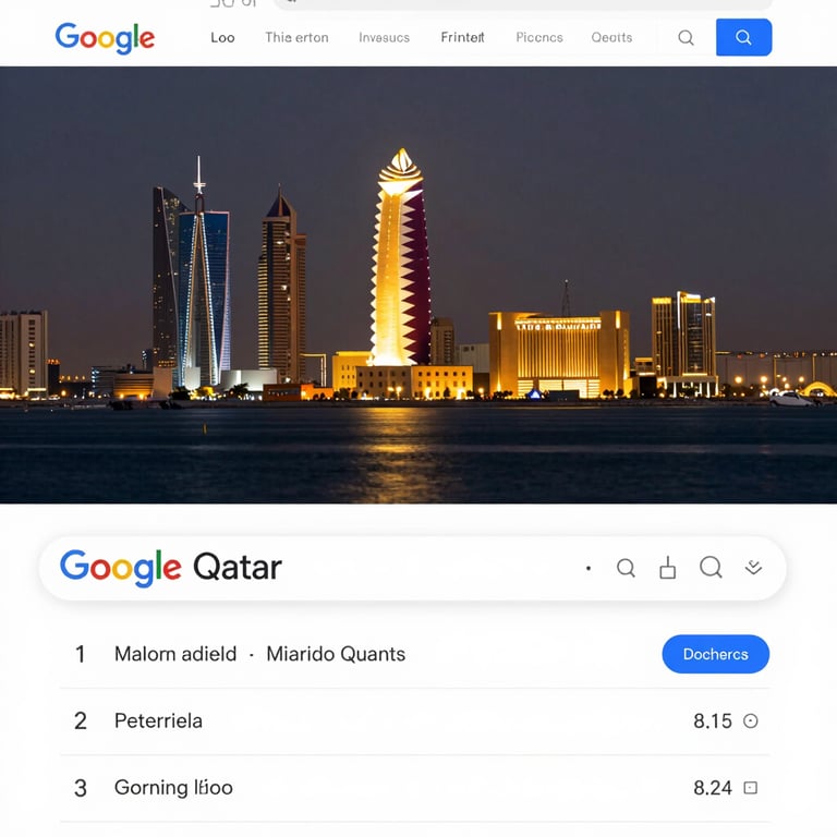 Doha skyline at night featuring illuminated skyscrapers and the spiral Al Bidda Tower reflecting on the water.
