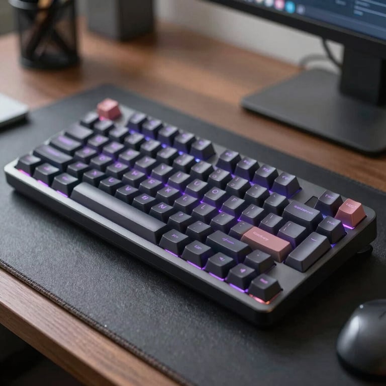 A close-up of a premium mechanical keyboard with subtle purple backlighting on a dark slate desk in a modern corporate setting.