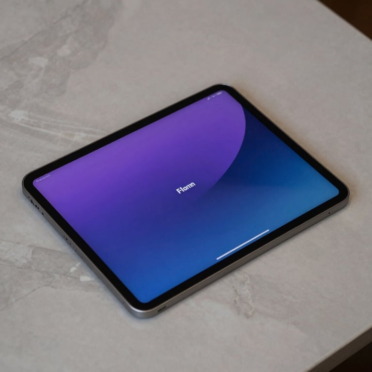 A high-end tablet on a marble desk showing a sophisticated user interface design with purple and blue gradients.