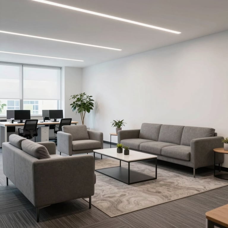 A modern, open-concept lounge area in a North American tech office with designer furniture and clean white walls.
