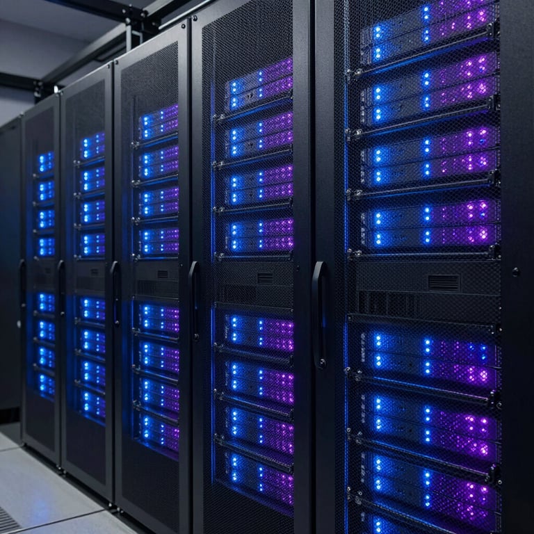 The sleek interior of a data center with vertical lines of glowing blue and purple LEDs on server racks, symbolizing high-performance technology.