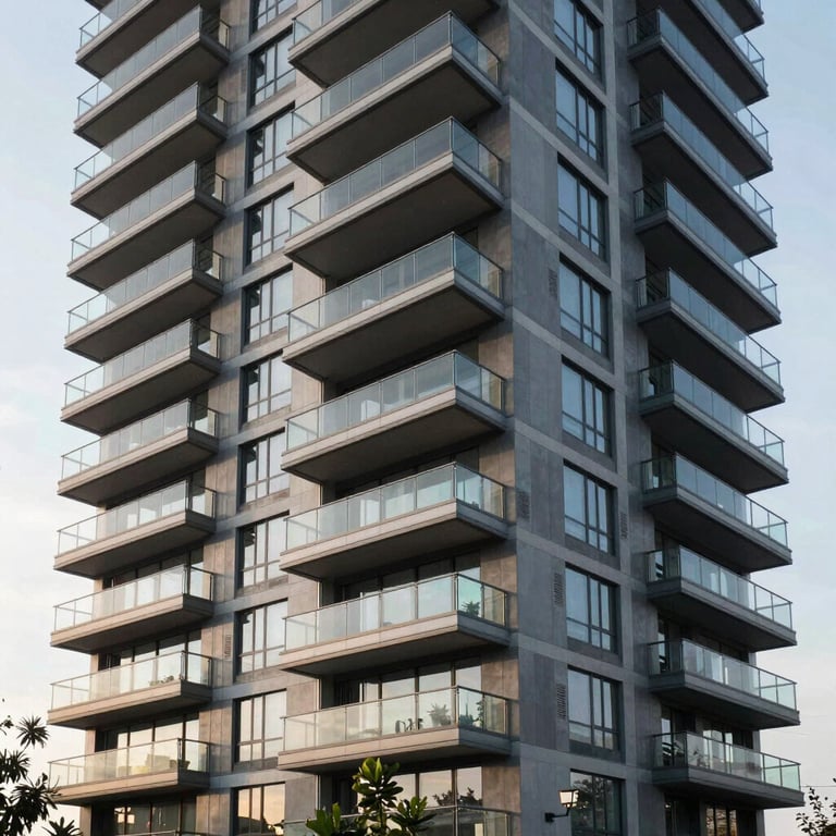 A wide-angle shot of a modern North American multifamily residential building with glass balconies.