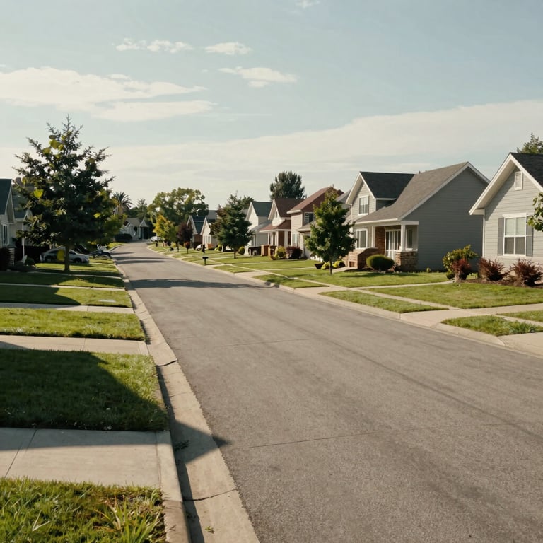A quiet, sunlit North American suburban street with high-quality single-family homes and manicured lawns.