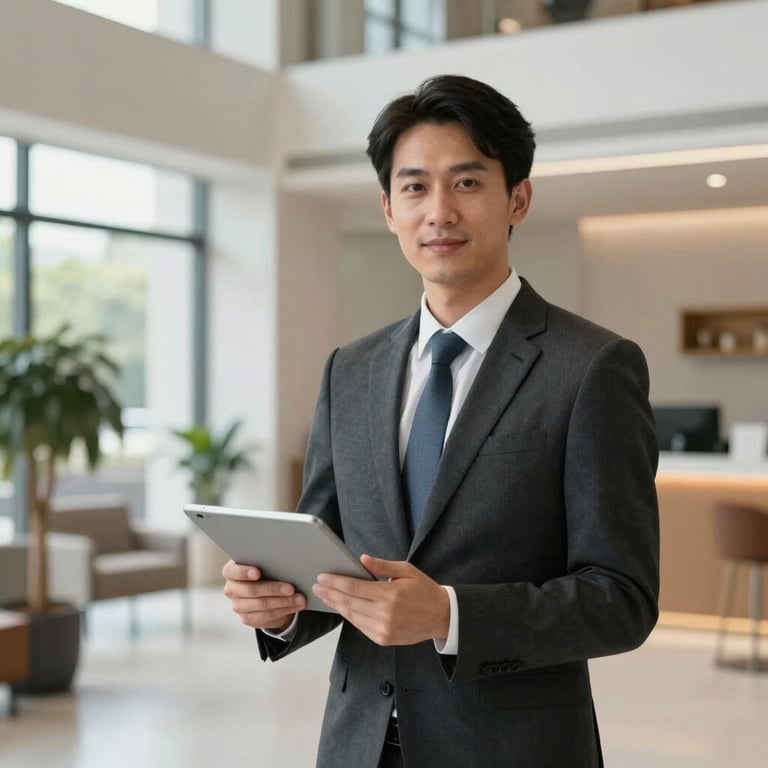 A professional property manager in a business suit holding a digital tablet in a bright apartment lobby.