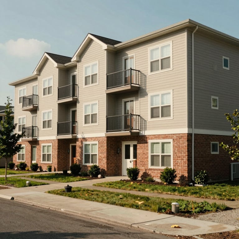 An exterior view of a well-maintained affordable housing community in a North American urban area.