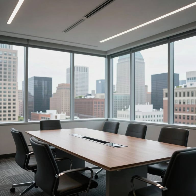 A modern office conference room with floor-to-ceiling windows and North American city views.