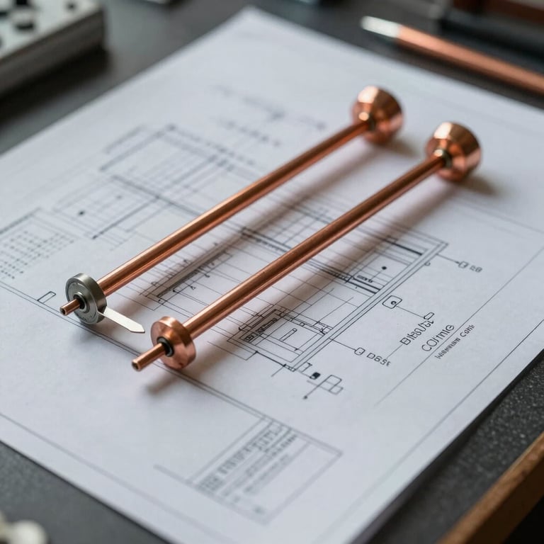 Extreme close-up of technical blueprints overlaid with copper instruments, soft natural light on a dark desk.