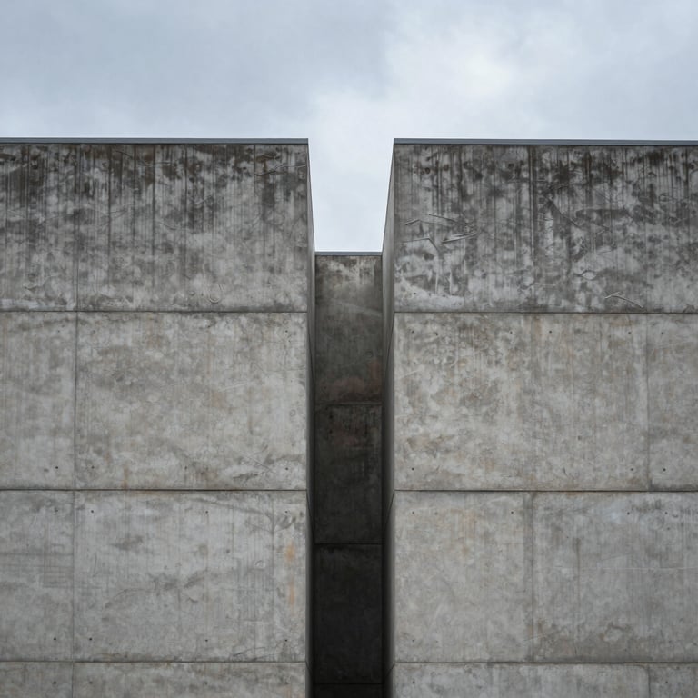 Symmetrical architectural shot of a modern industrial concrete facade under a cool overcast sky.
