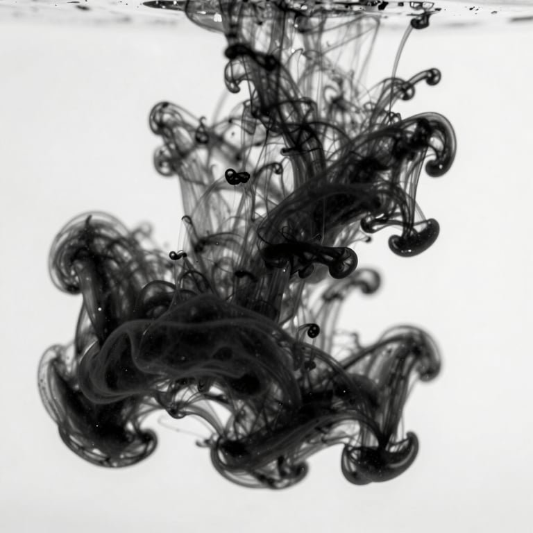 Macro shot of black ink dispersing in water, creating organic but controlled shapes, monochrome style.