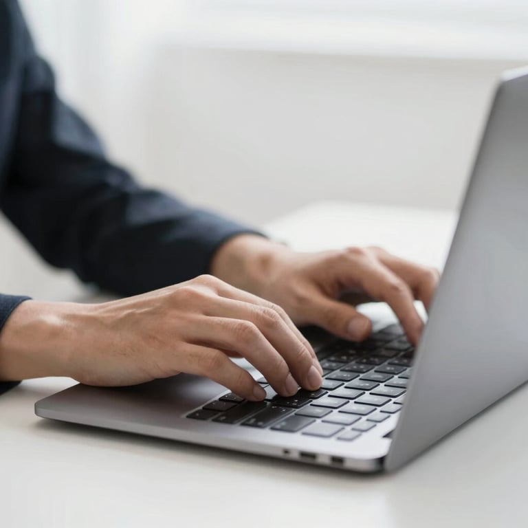A professional designer's hands working on a white workspace with a matte black laptop, minimalist and high-end.