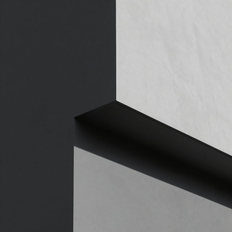 A minimalist architectural detail of a building corner with sharp shadows, #0A0A0A and #F7F7F7 contrast.
