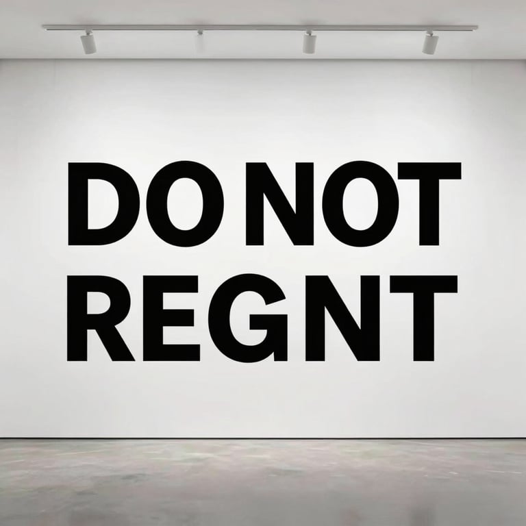 A large bold typography installation in a white gallery space, minimal and confident.