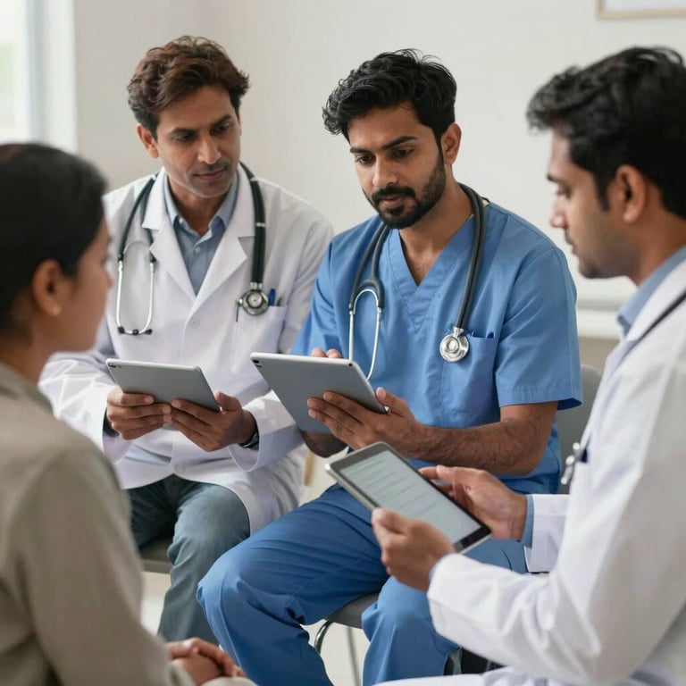 South Asian / Indian medical staff discussing patient care using modern digital tablets.