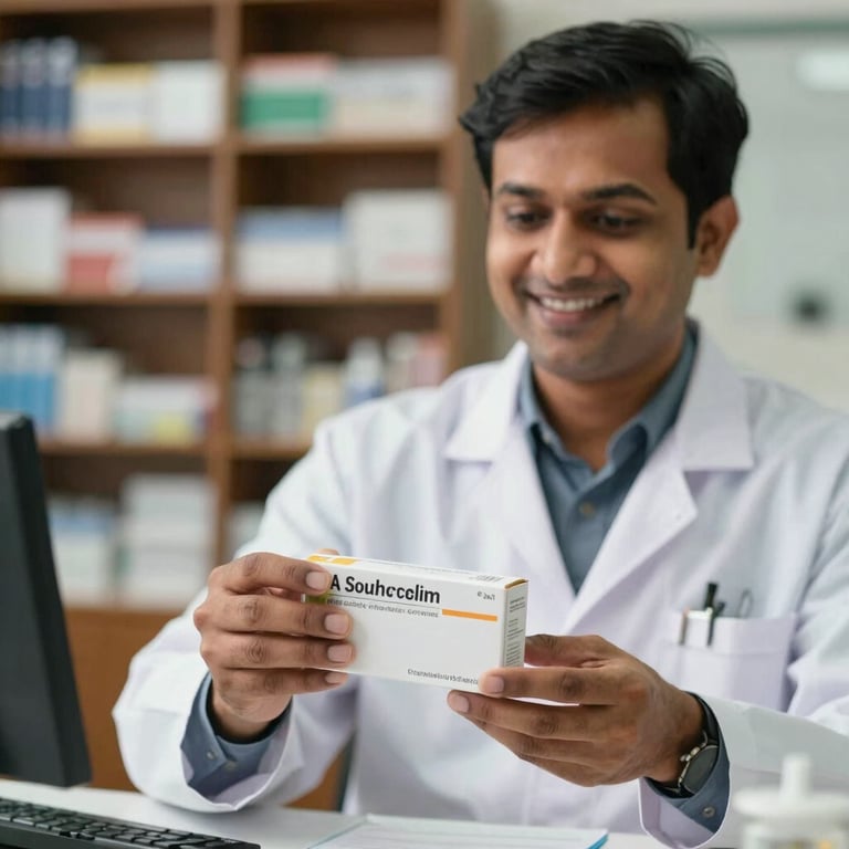 A smiling South Asian / Indian pharmacist handing over a prescription box.